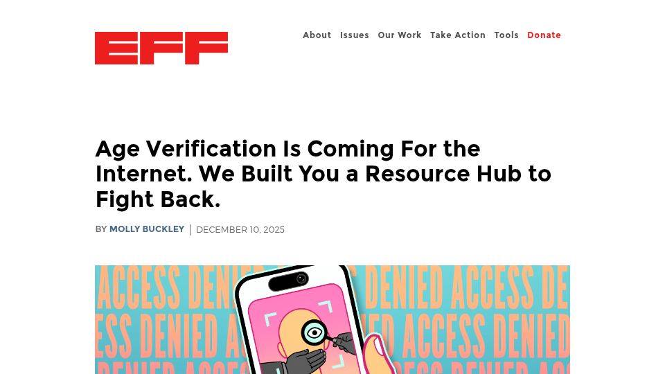 Screenshot of eff.org: We built a resource hub to fight back against age verification