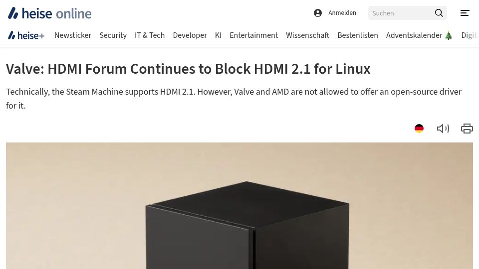 Screenshot of heise.de: Valve: HDMI Forum Continues to Block HDMI 2.1 for Linux