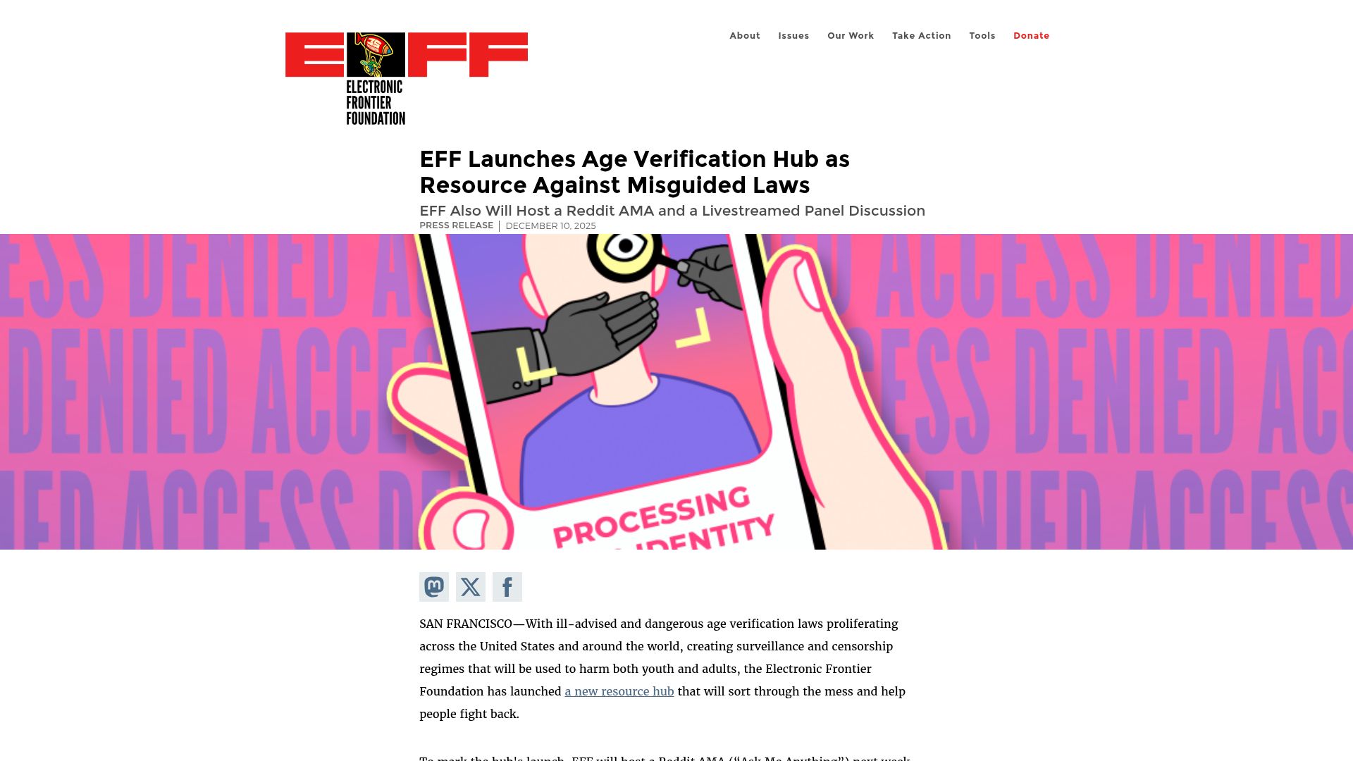 Screenshot of eff.org: EFF launches Age Verification Hub