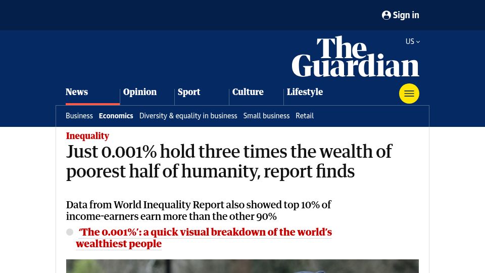 Screenshot of theguardian.com: Just 0.001% hold 3 times the wealth of poorest half of humanity, report finds