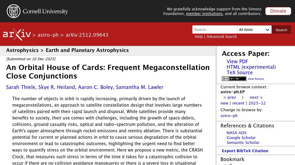 Screenshot of arxiv.org: An Orbital House of Cards: Frequent Megaconstellation Close Conjunctions