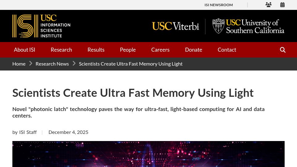 Screenshot of isi.edu: Scientists create ultra fast memory using light