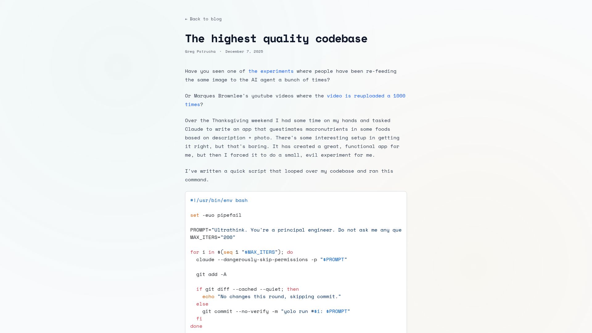 Screenshot of gricha.dev: The highest quality codebase