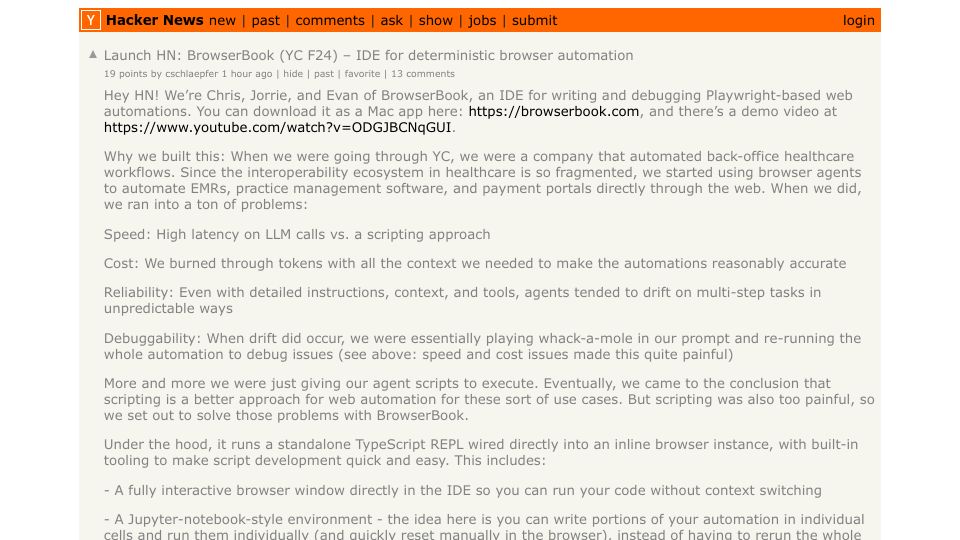 Screenshot of Hacker News post: Launch HN: BrowserBook (YC F24) – IDE for deterministic browser automation