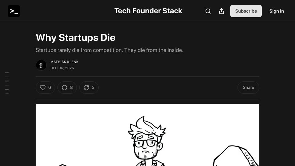 Screenshot of techfounderstack.com: Why Startups Die