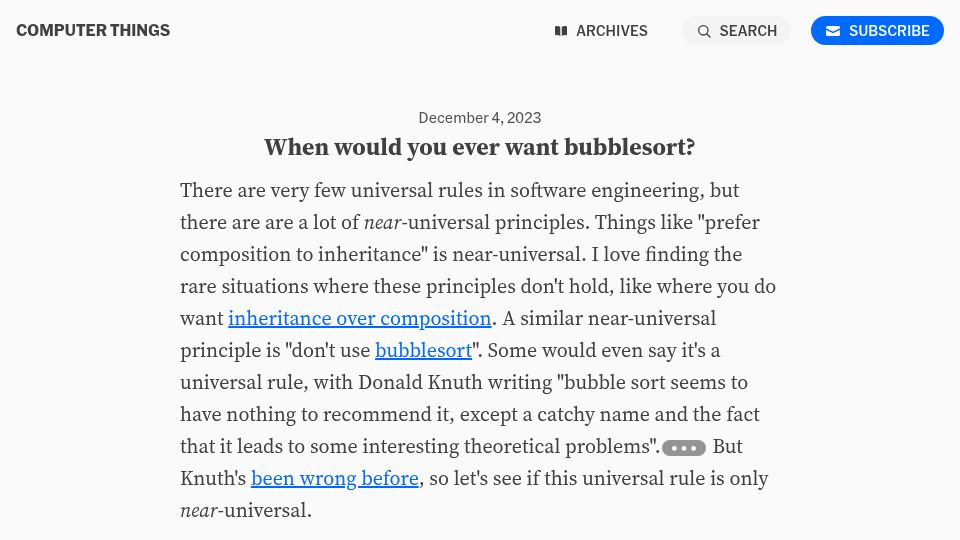 Screenshot of buttondown.com: When would you ever want bubblesort? (2023)