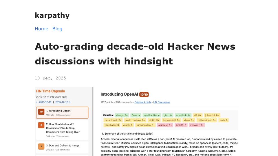 Screenshot of karpathy.bearblog.dev: Auto-grading decade-old Hacker News discussions with hindsight