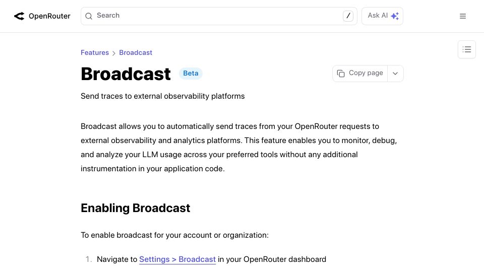Screenshot of openrouter.ai: OpenRouter Broadcast