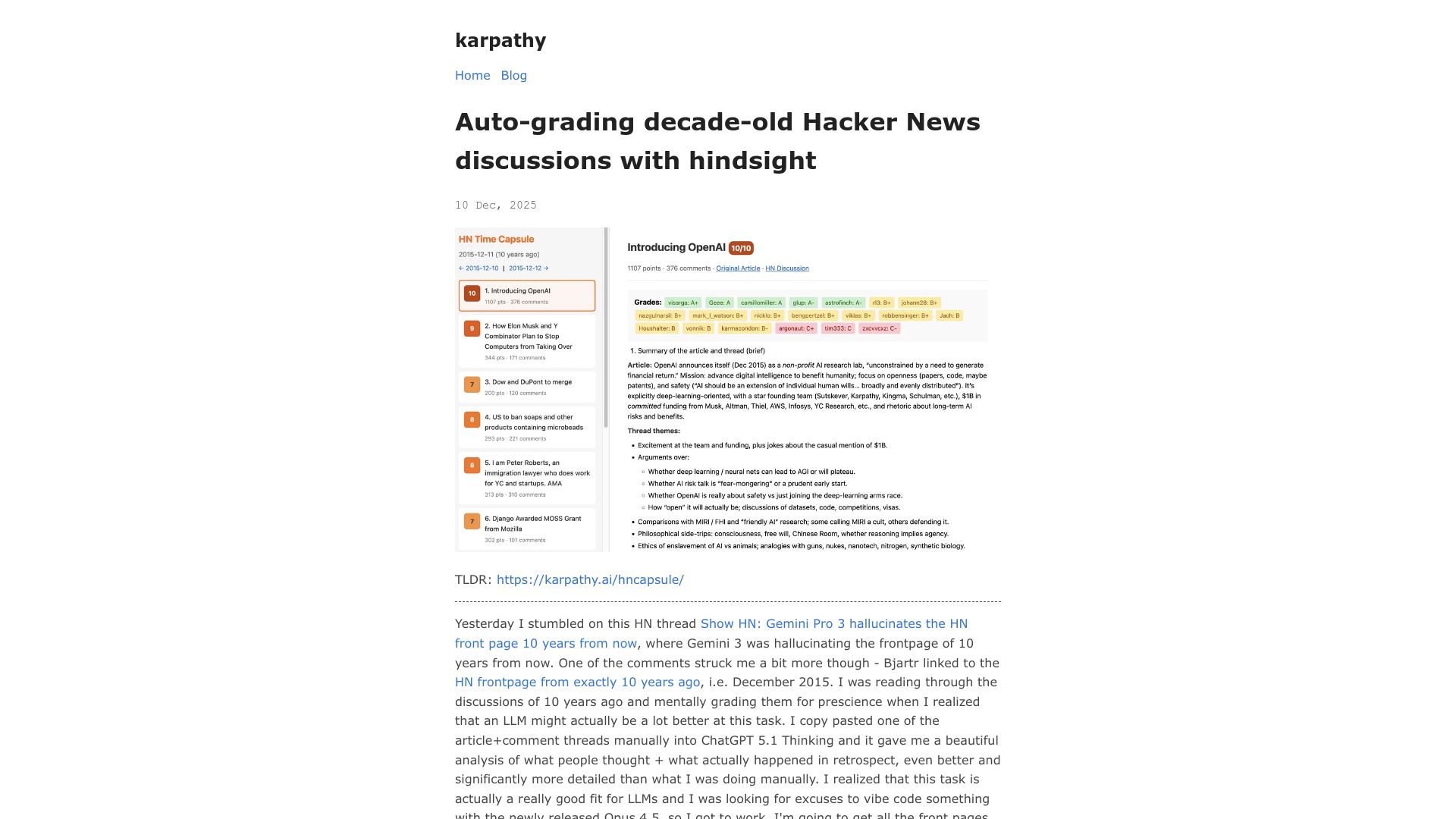 Screenshot of karpathy.bearblog.dev: Auto-grading decade-old Hacker News discussions with hindsight