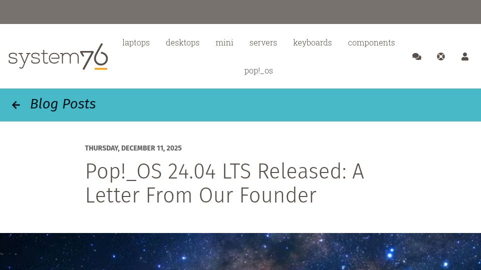 Screenshot of blog.system76.com: Pop_OS 24.04 LTS with COSMIC desktop environment