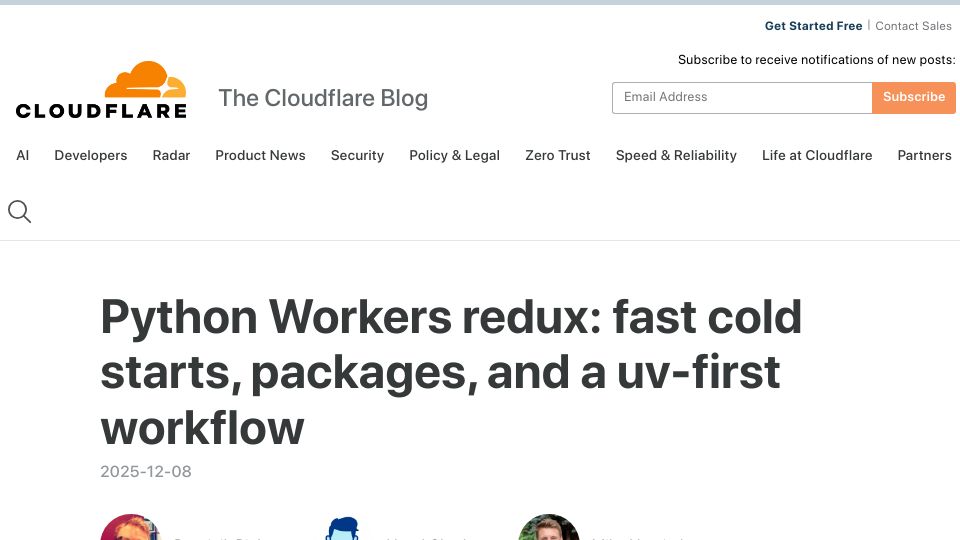 Screenshot of blog.cloudflare.com: Python Workers redux: fast cold starts, packages, and a uv-first workflow