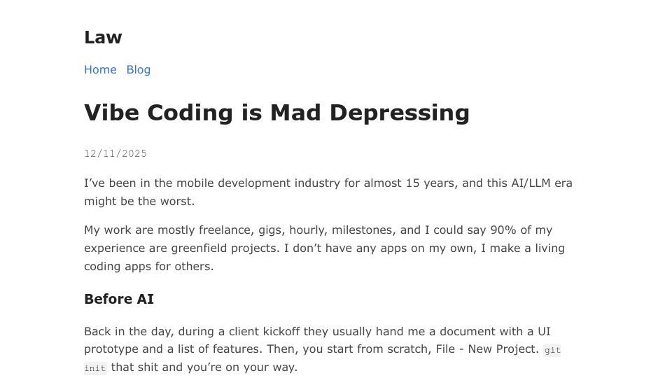 Screenshot of law.gmnz.xyz: Vibe coding is mad depressing