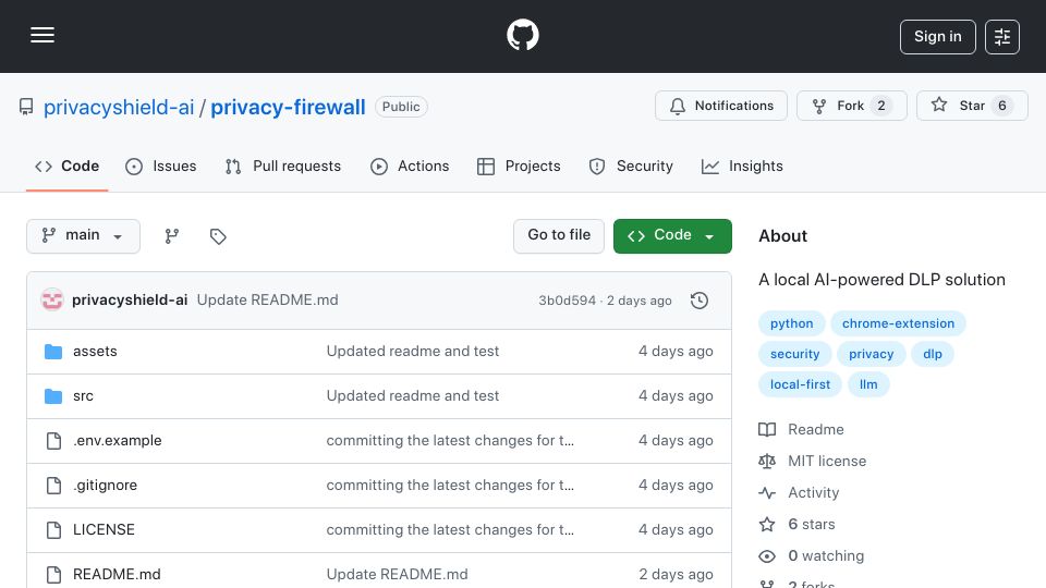 Screenshot of github.com: Show HN: Local Privacy Firewall-blocks PII and secrets before ChatGPT sees them