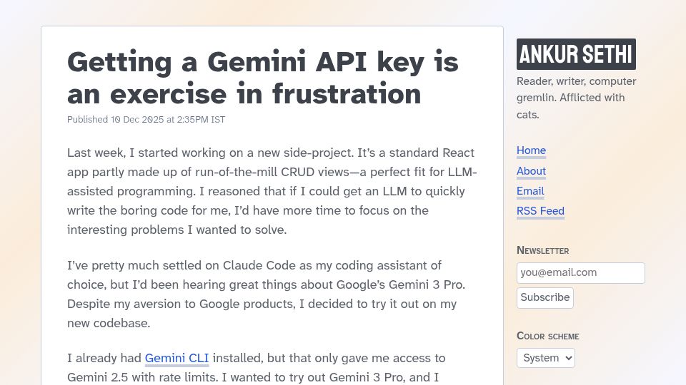Screenshot of ankursethi.com: Getting a Gemini API key is an exercise in frustration