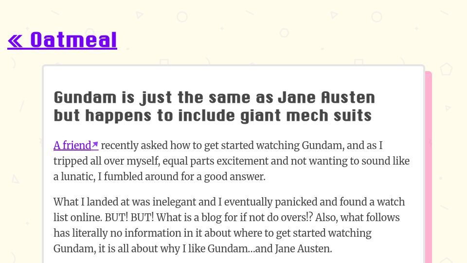 Screenshot of eli.li: Gundam is just the same as Jane Austen but happens to include giant mech suits