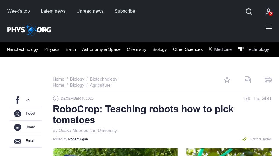 Screenshot of phys.org: RoboCrop: Teaching robots how to pick tomatoes