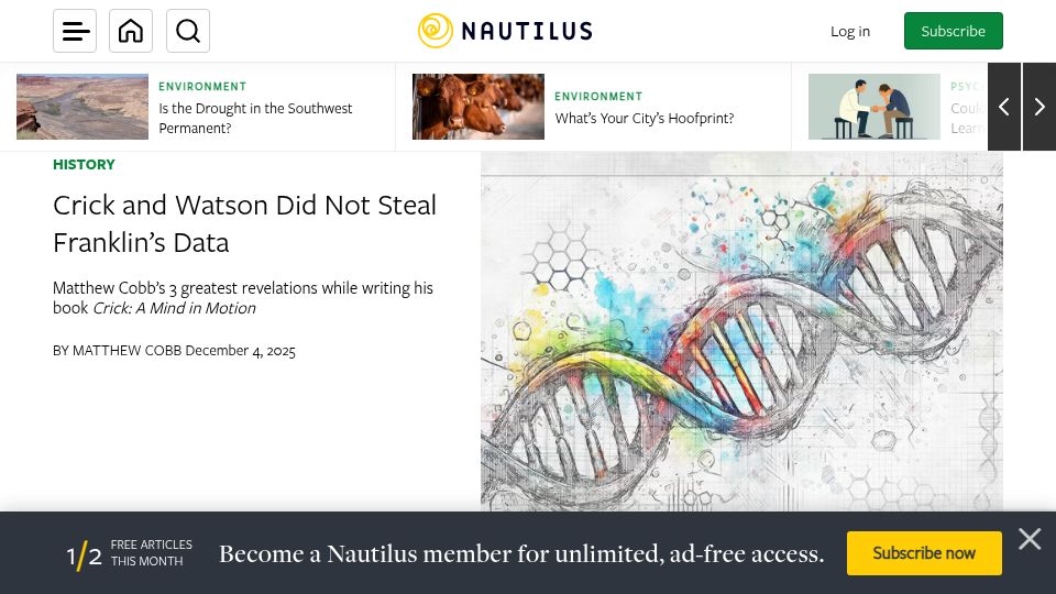 Screenshot of nautil.us: Crick and Watson Did Not Steal Franklin's Data