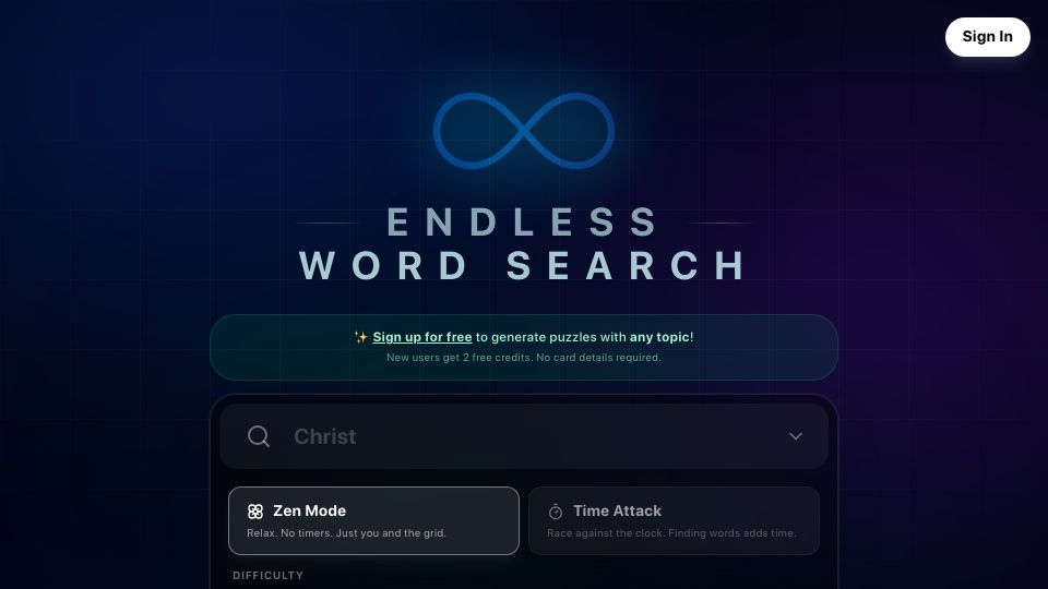 Screenshot of endless-wordsearch.com: Show HN: An endless scrolling word search game