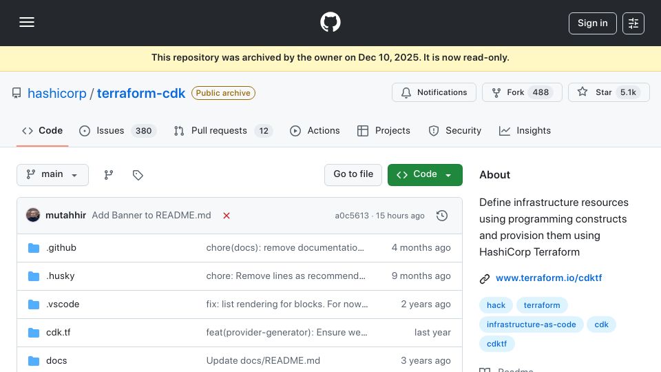 Screenshot of github.com: The future of Terraform CDK