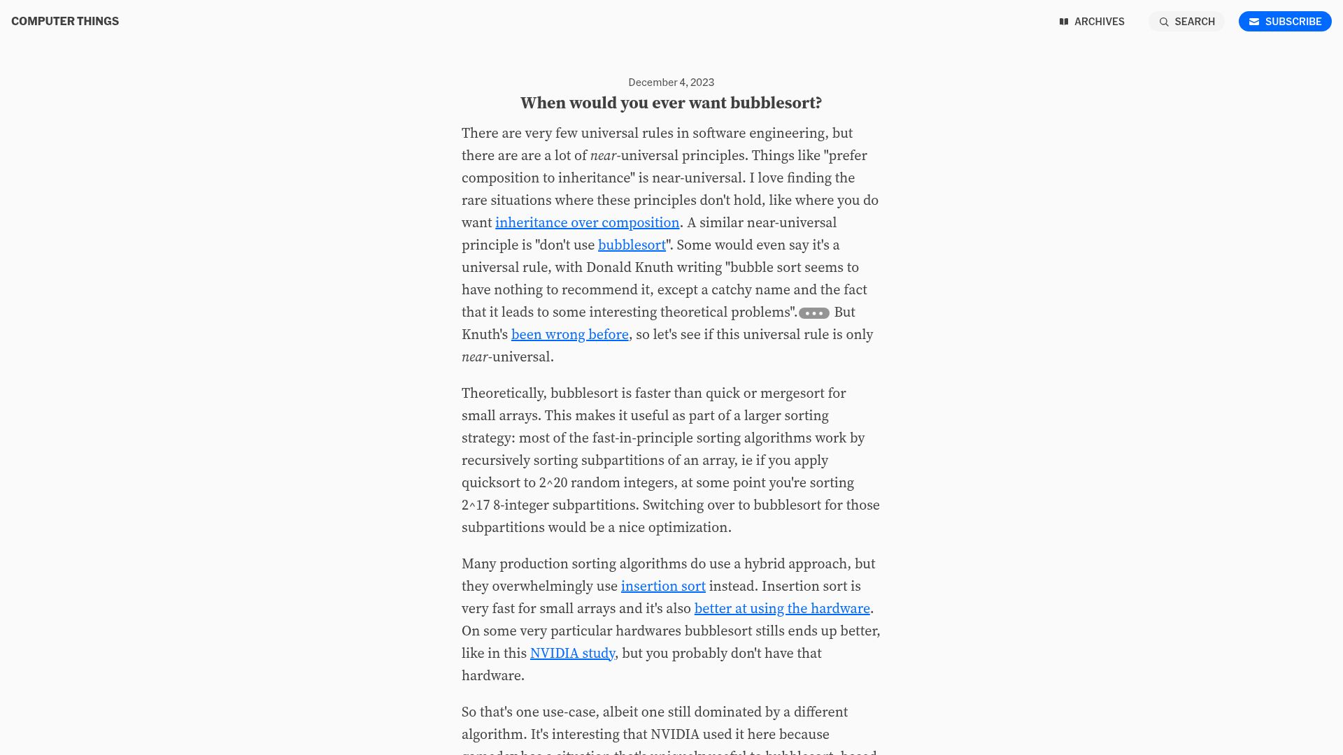 Screenshot of buttondown.com: When would you ever want bubblesort? (2023)