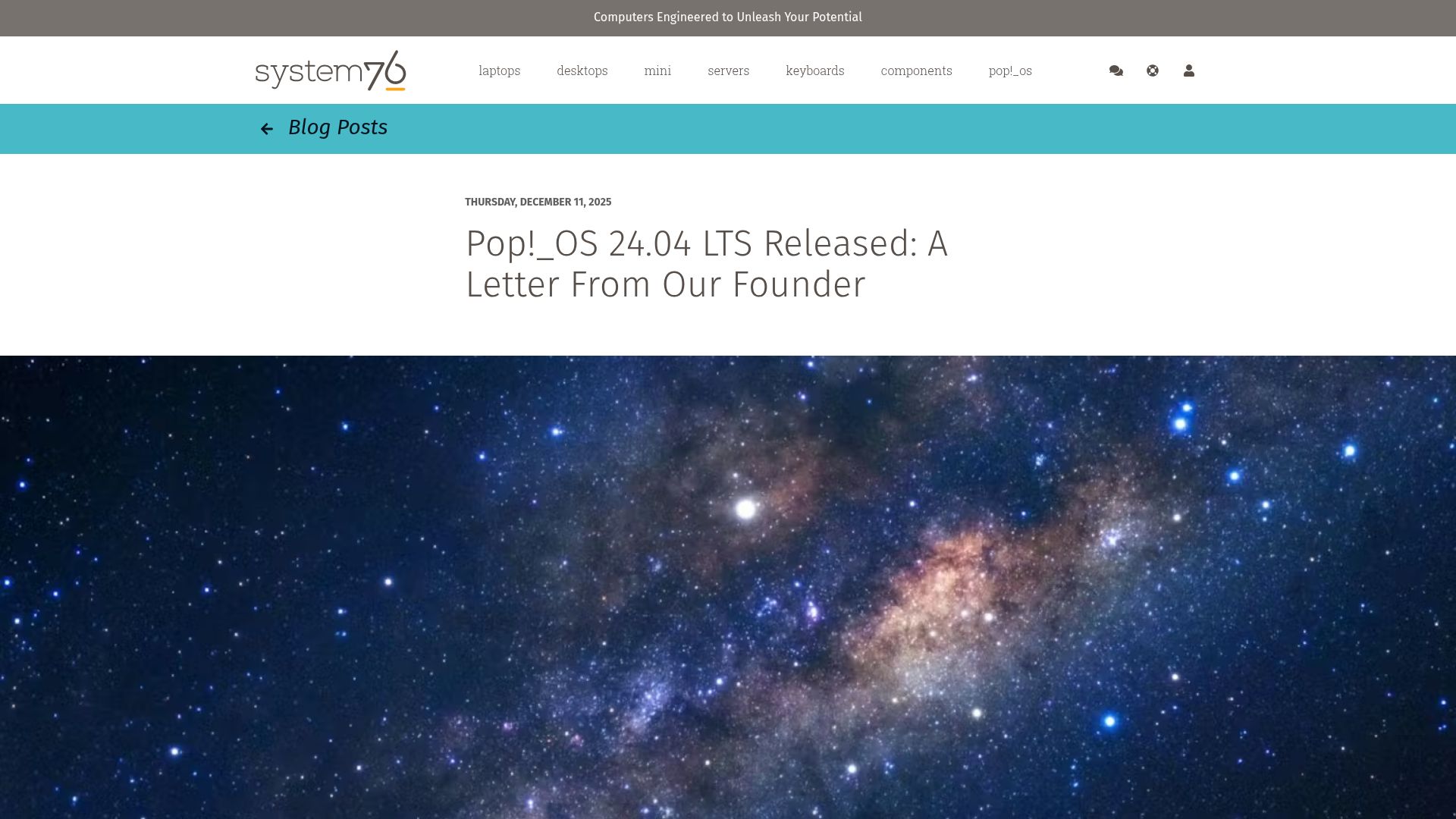 Screenshot of blog.system76.com: Pop_OS 24.04 LTS with COSMIC desktop environment