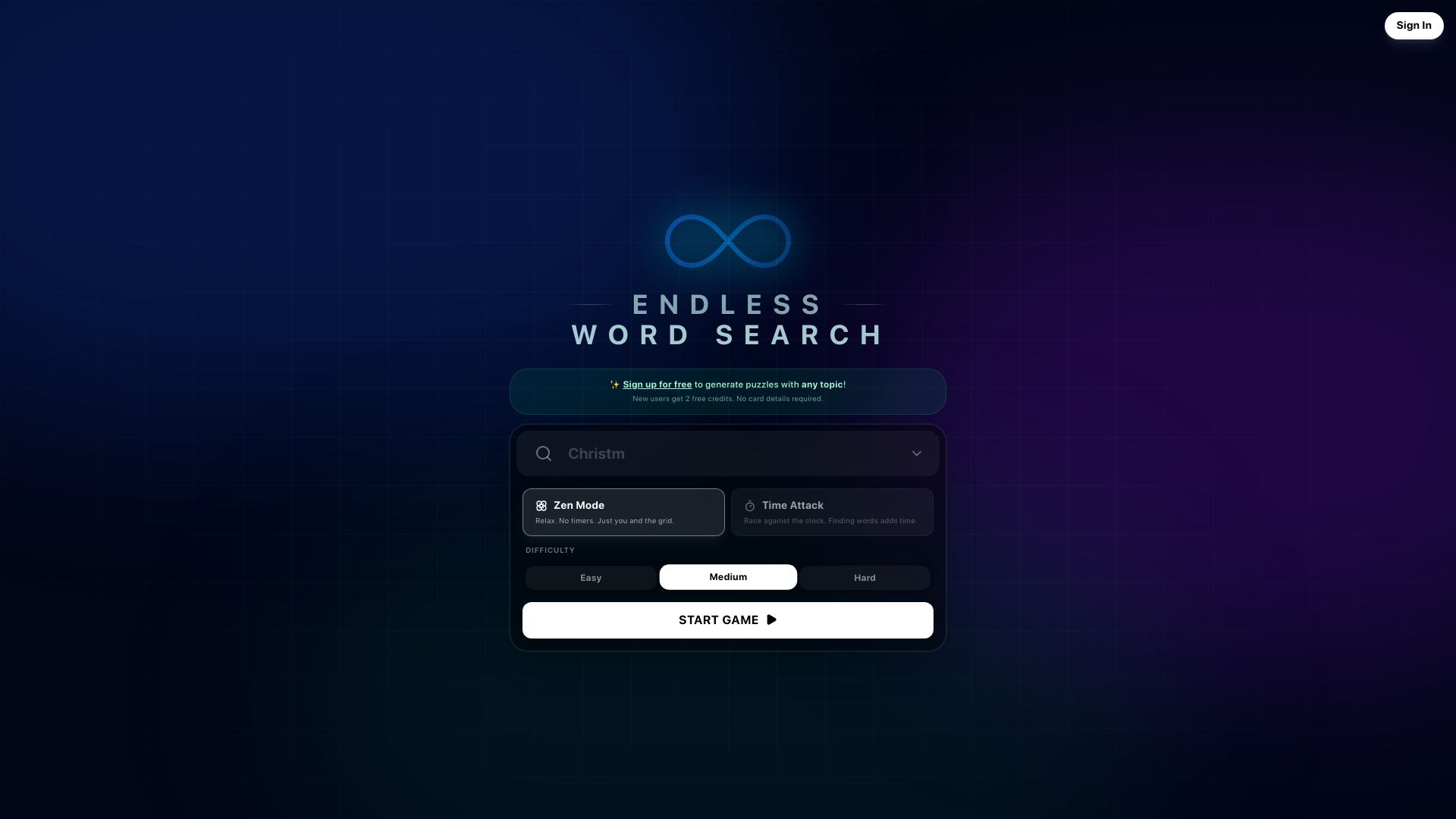 Screenshot of endless-wordsearch.com: Show HN: An endless scrolling word search game
