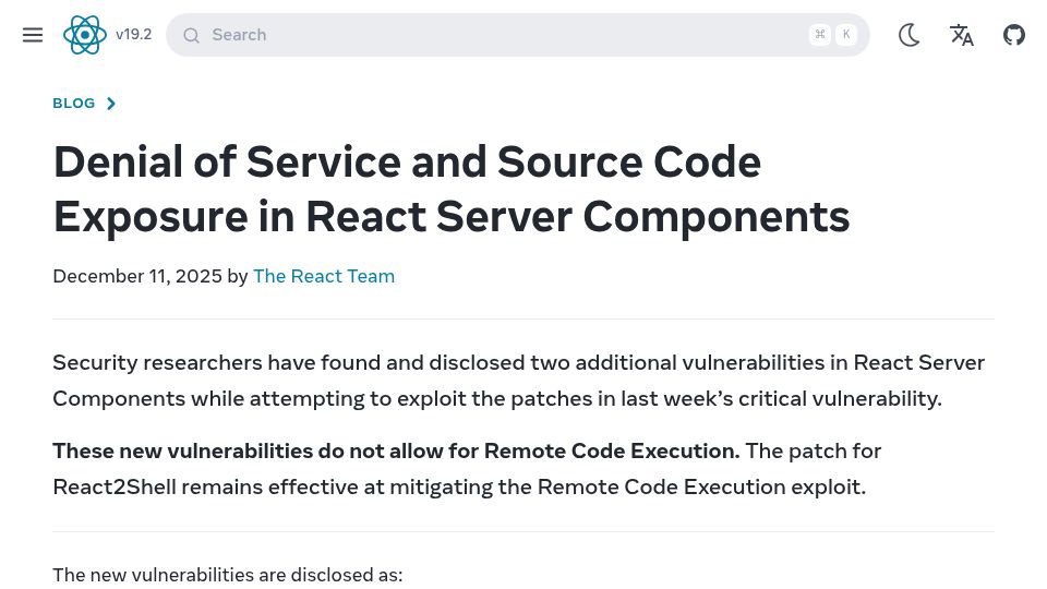 Screenshot of react.dev: Denial of service and source code exposure in React Server Components
