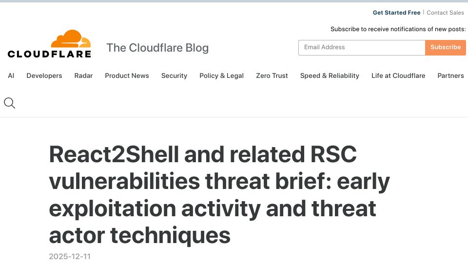Screenshot of blog.cloudflare.com: React2Shell and related RSC vulnerabilities threat brief