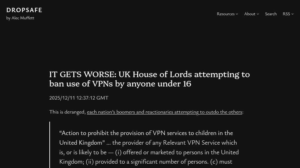 Screenshot of alecmuffett.com: UK House of Lords attempting to ban use of VPNs by anyone under 16