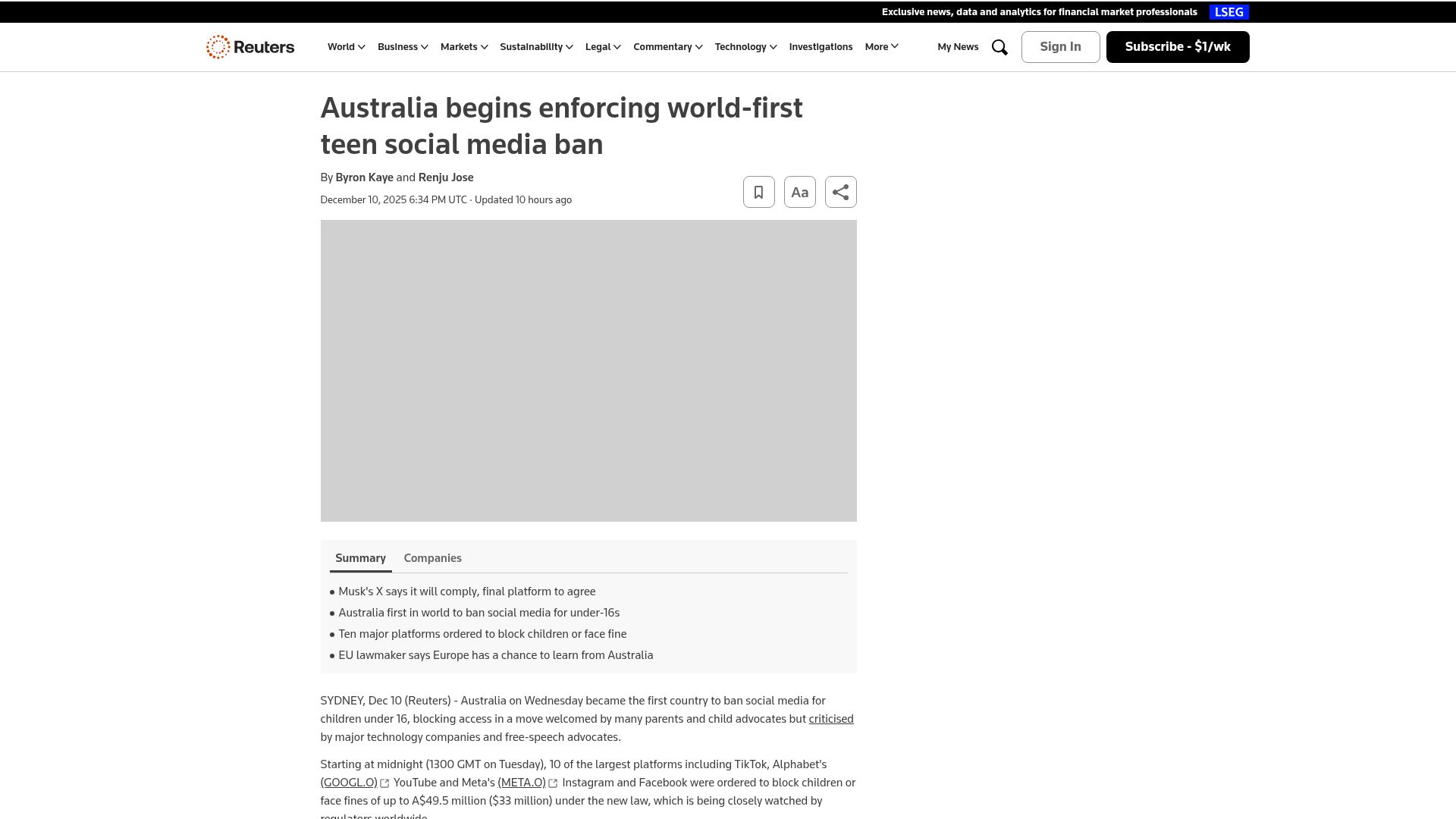 Screenshot of reuters.com: Australia begins enforcing world-first teen social media ban