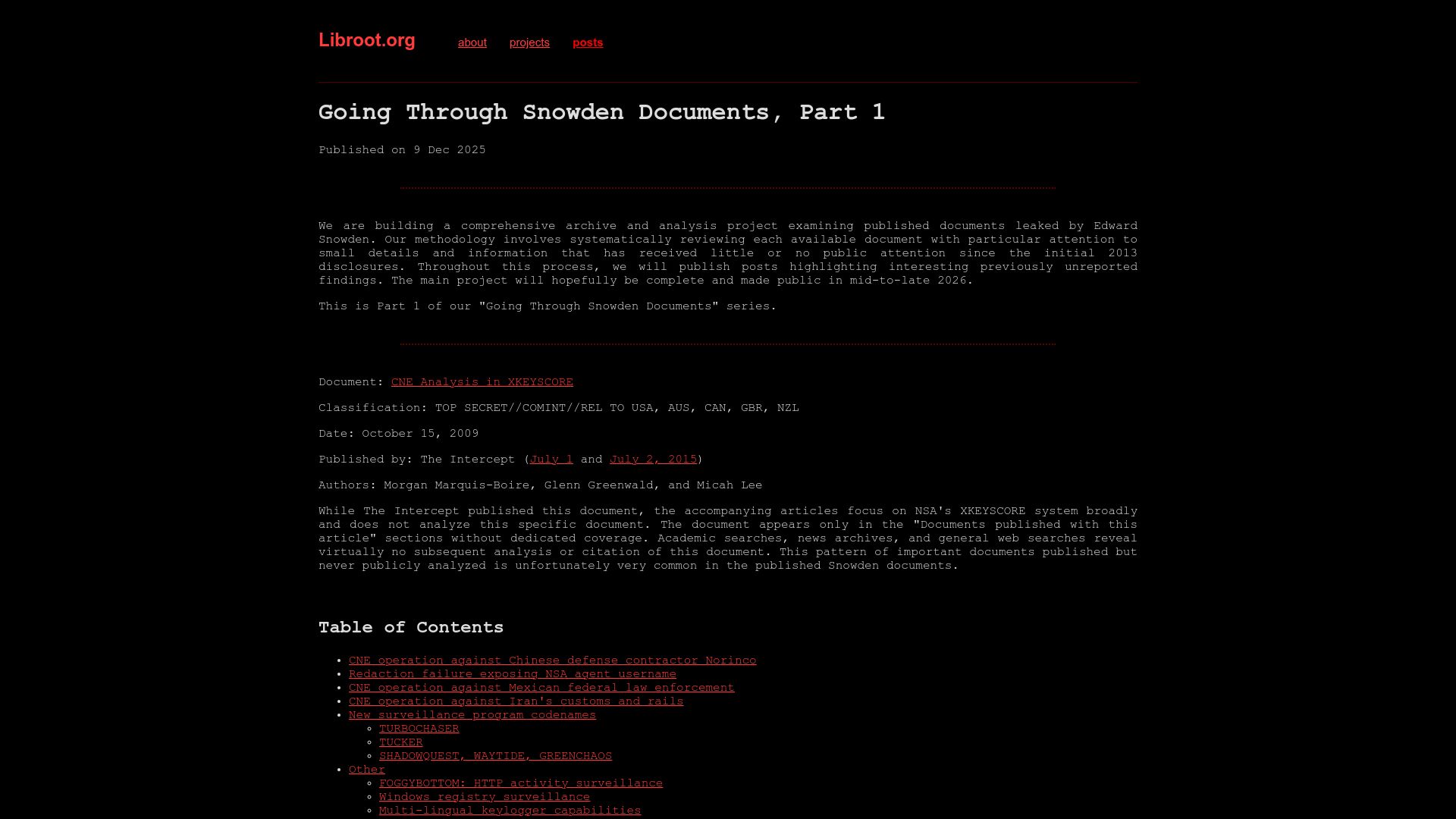 Screenshot of libroot.org: Going Through Snowden Documents, Part 1