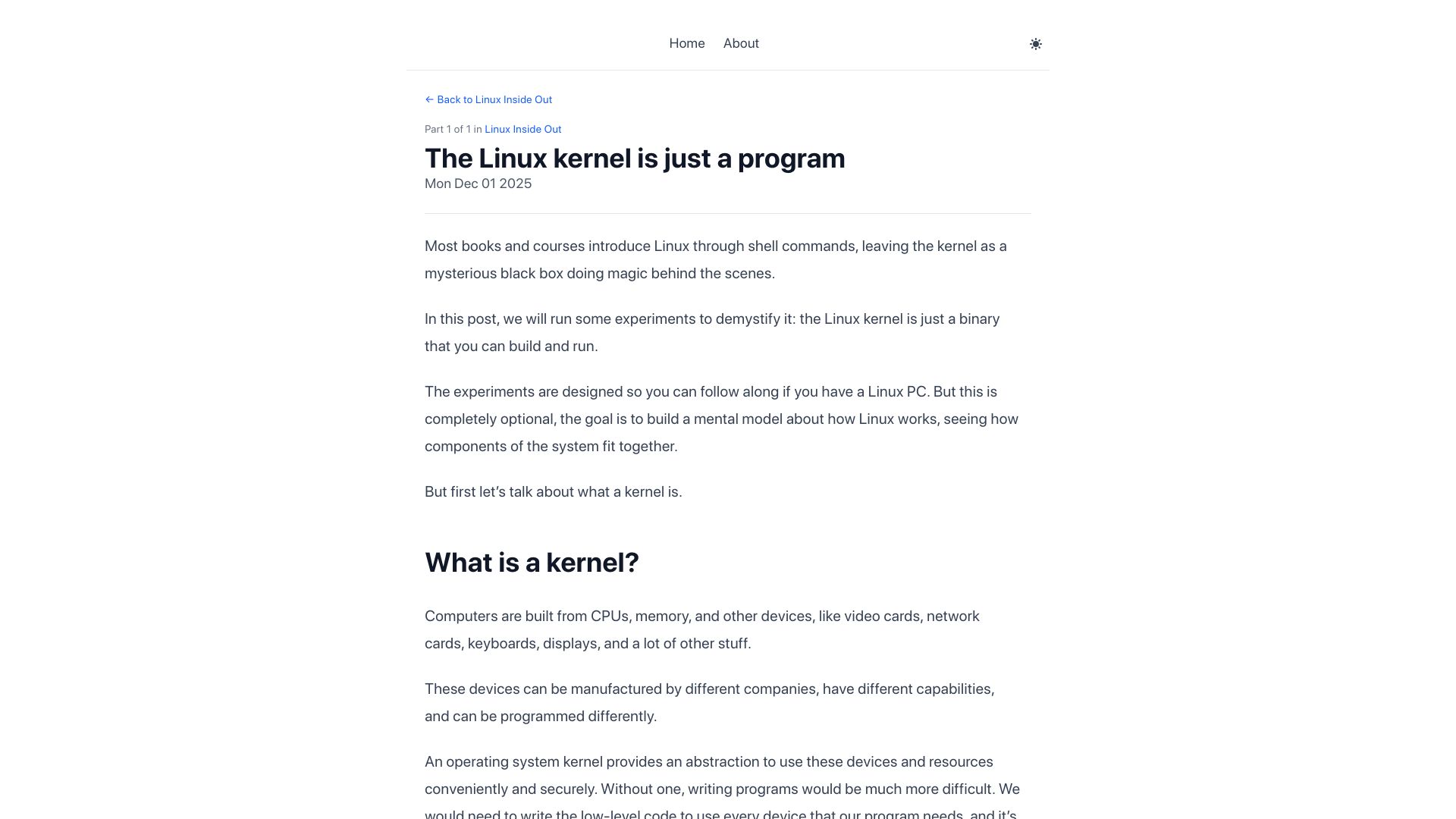 Screenshot of serversfor.dev: Booting Linux in QEMU and Writing PID 1 in Go to Illustrate Kernel as Program