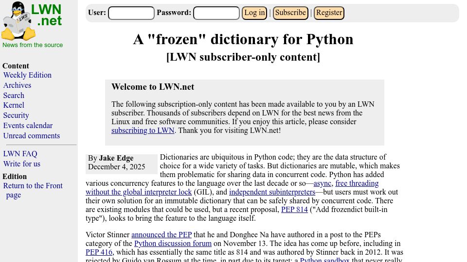 Screenshot of lwn.net: A “frozen” dictionary for Python