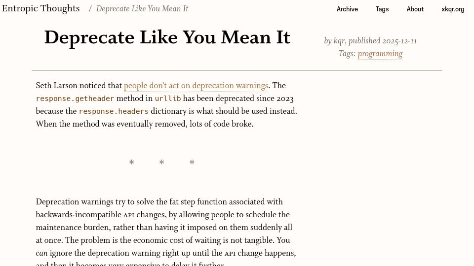 Screenshot of entropicthoughts.com: Deprecate like you mean it