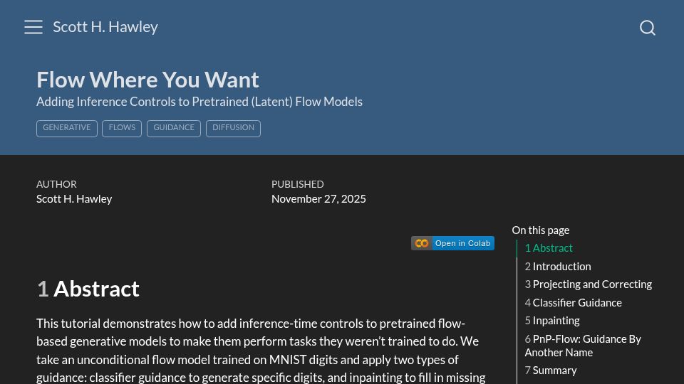 Screenshot of drscotthawley.github.io: Flow Where You Want – Guidance for Flow Models