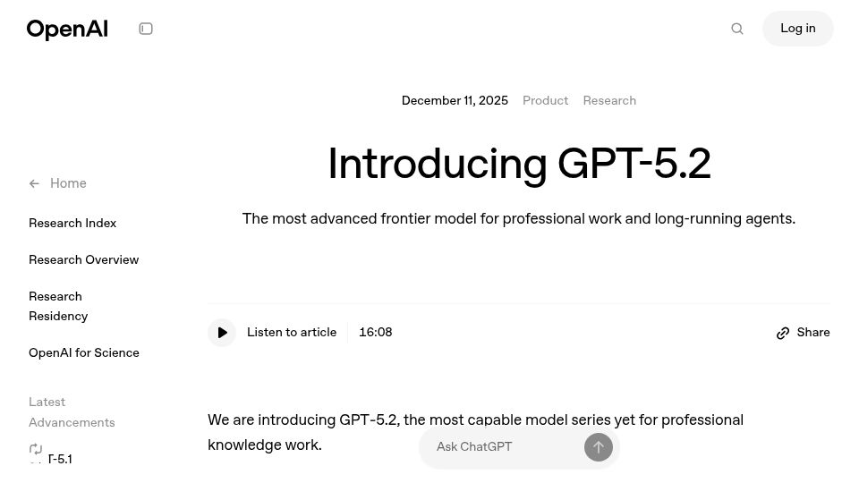 Screenshot of openai.com: GPT-5.2