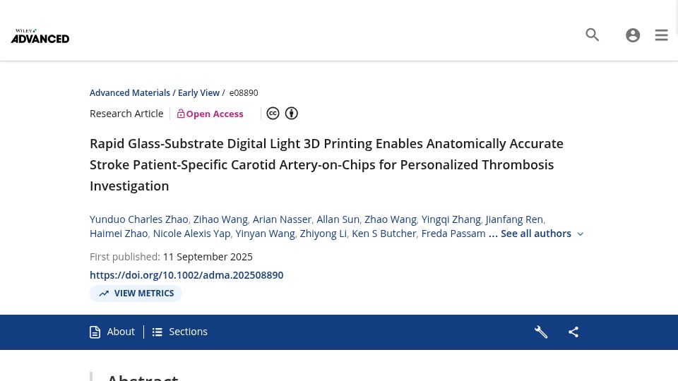 Screenshot of advanced.onlinelibrary.wiley.com: 3D-printed carotid artery-on-chips for personalized thrombosis investigation