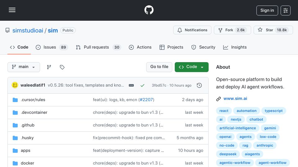 Screenshot of github.com: Show HN: Sim – Apache-2.0 n8n alternative