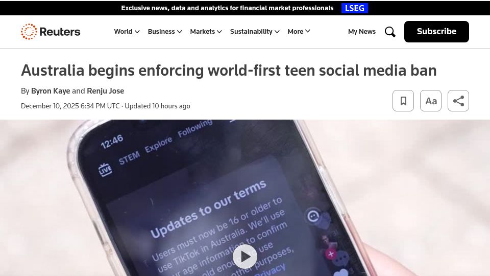 Screenshot of reuters.com: Australia begins enforcing world-first teen social media ban