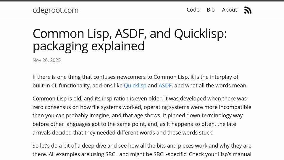 Screenshot of cdegroot.com: Common Lisp, ASDF, and Quicklisp: packaging explained