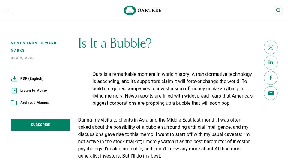 Screenshot of oaktreecapital.com: Is it a bubble?