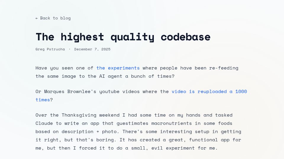 Screenshot of gricha.dev: The highest quality codebase