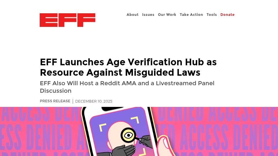 Screenshot of eff.org: EFF launches Age Verification Hub