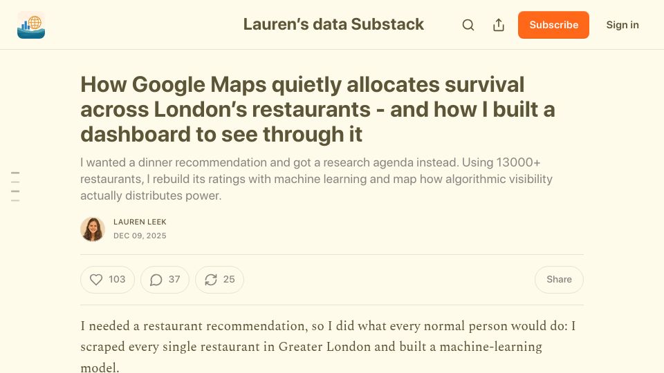 Screenshot of laurenleek.substack.com: How Google Maps allocates survival across London's restaurants