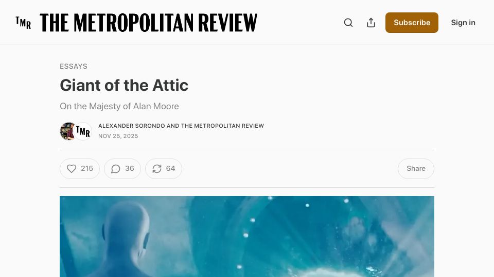 Screenshot of metropolitanreview.org: Giant of the Attic: On the Majesty of Alan Moore