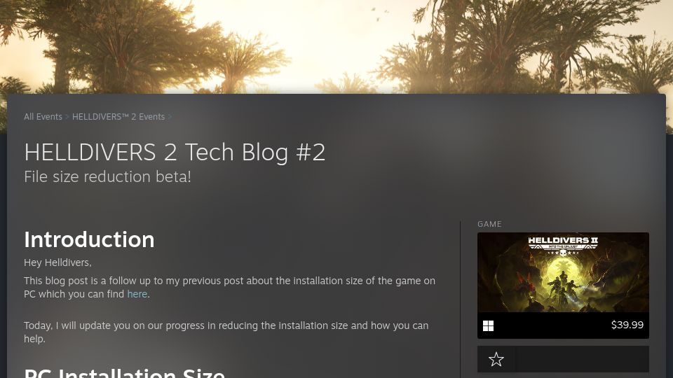 Screenshot of store.steampowered.com: Helldivers 2 on-disk size 85% reduction