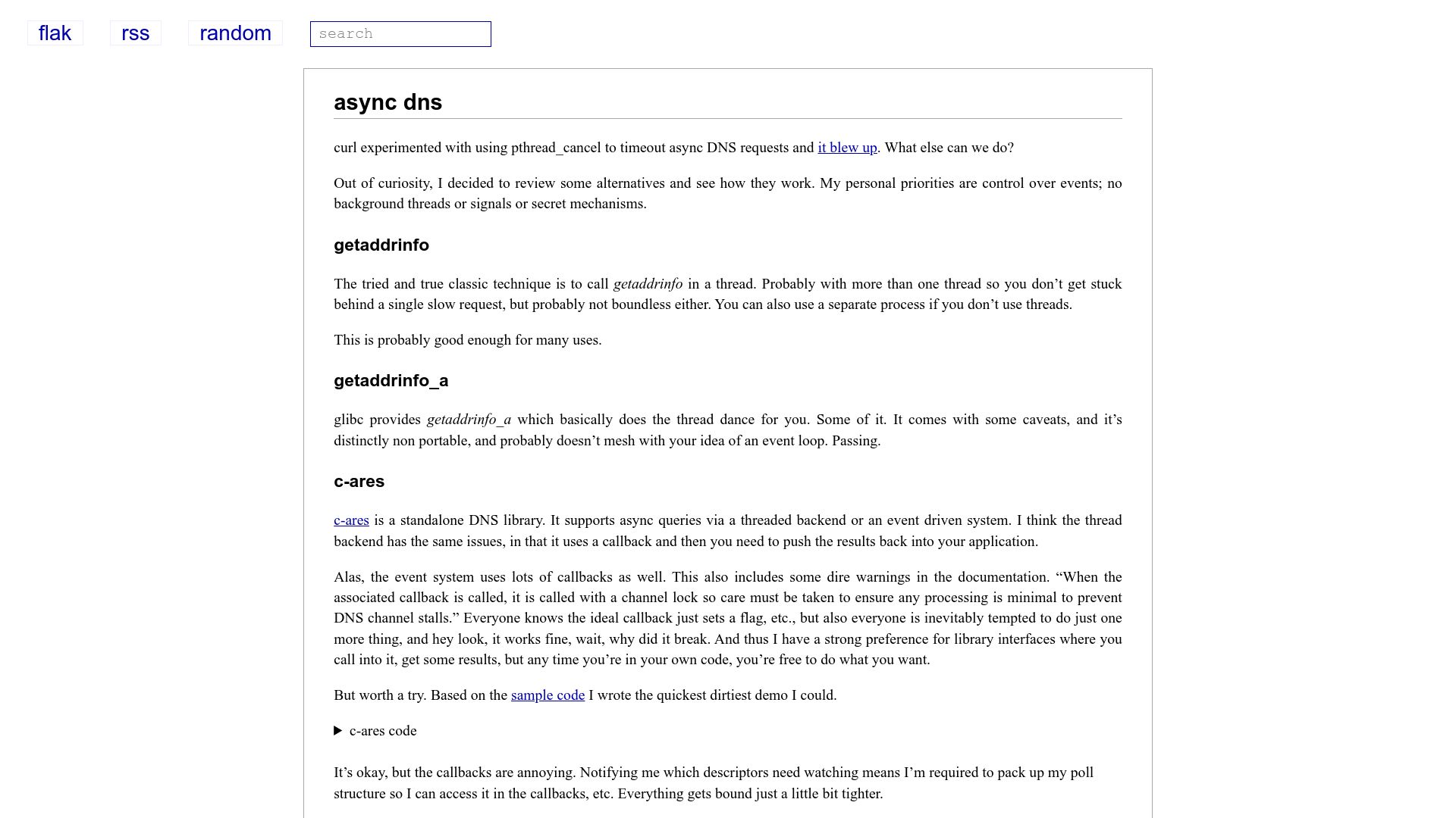 Screenshot of flak.tedunangst.com: Async DNS