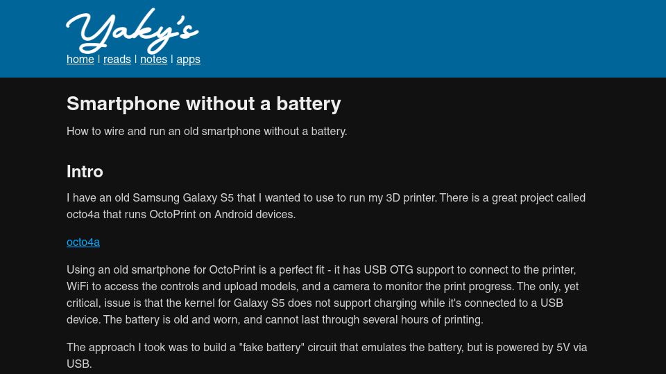 Screenshot of yaky.dev: Smartphone without a battery (2022)