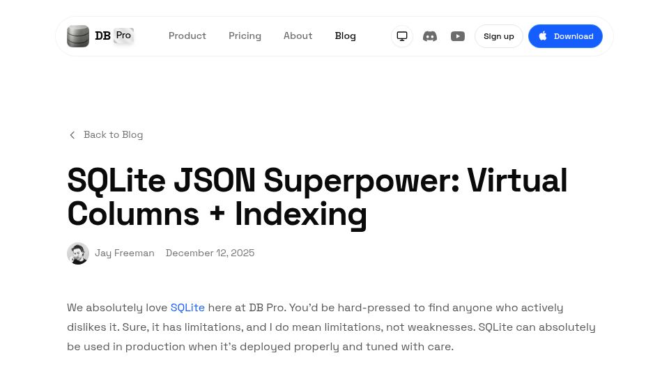 Screenshot of dbpro.app: SQLite JSON at full index speed using generated columns