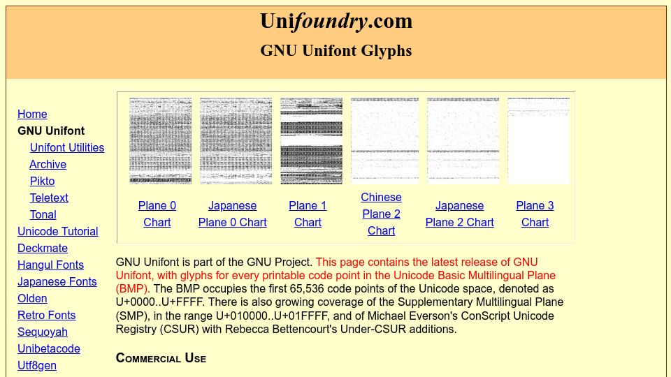 Screenshot of unifoundry.com: GNU Unifont
